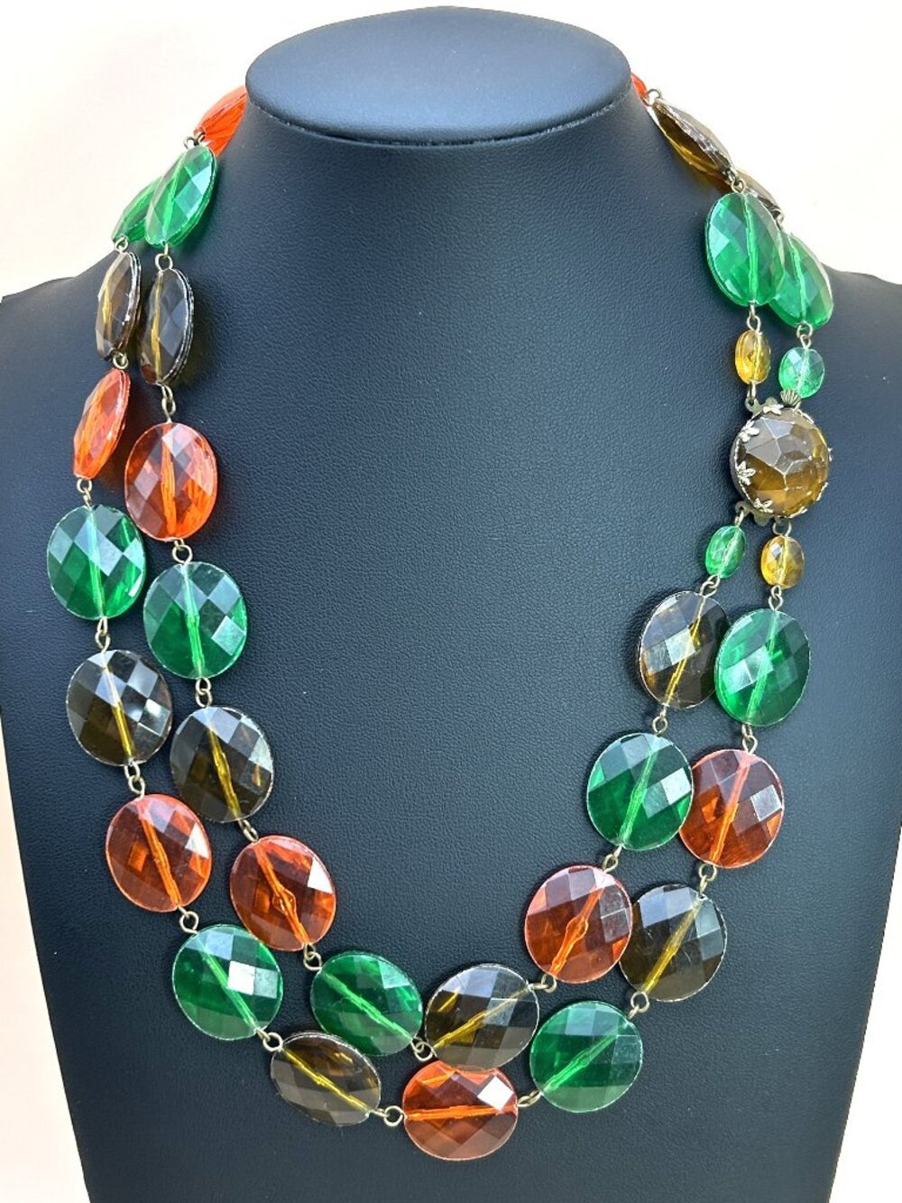 Vintage West Germany 2 Strand Lucite Necklace Green Orange Brown Faceted Beads